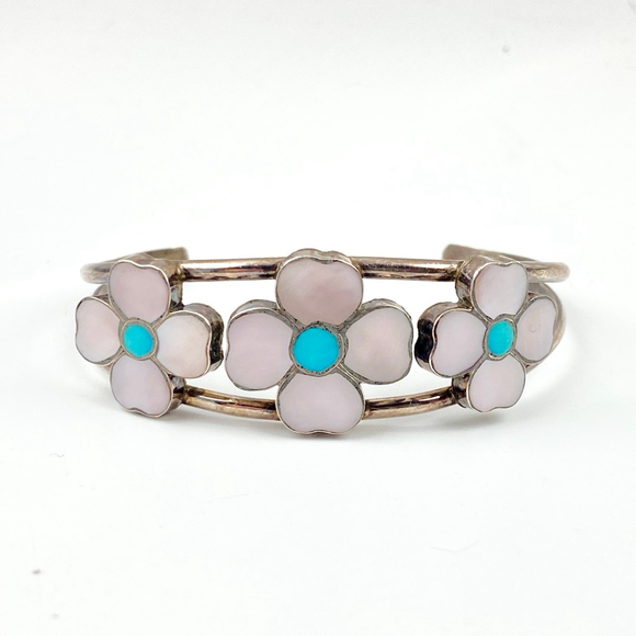 Native American Jewelry - Old Pawn Zuni Flower Inlay Bracelet Turquoise Sterling Silver Cuff Native